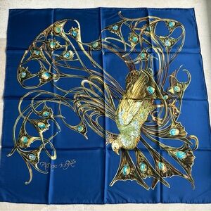 Vintage Lalique Paris Blue 100% Silk Scarf with Gold & Turquoise Peacock Motif